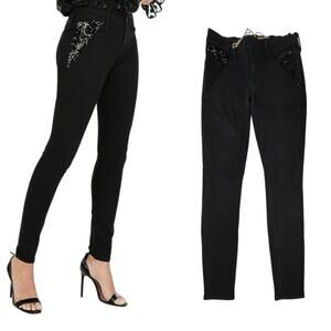 Express‎ Sequin Skinny Black Jeans Stretch Baddie Feminine NWOT 4 Tall Y2k